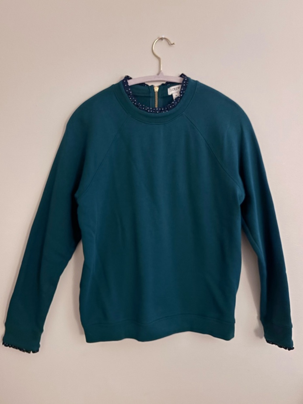 J. Crew Teal Crewneck Sweater with Polka-Dot Trim